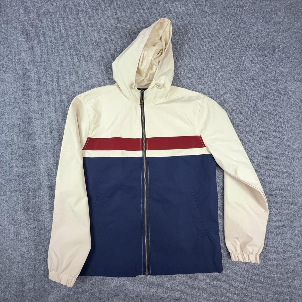 Weatherproof Jacket Mens Medium Blue Tan Hooded Zip Windbreaker Lined Stripe